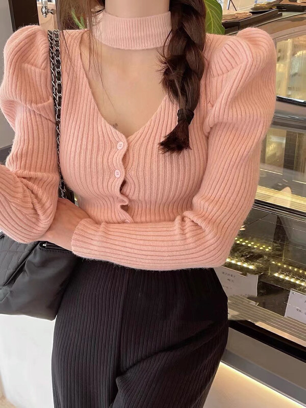 [Blue Show] Pure Desire V-neck halterneck knitted bottoming shirt (only selling bottoming shirts) 7618# LSW