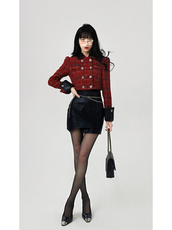【L.L STUDIO】Retro Small Fragrance Lapel Short Jacket + Slim Leather Skirt Two Piece Set (with Waist String) 78476# PCZ