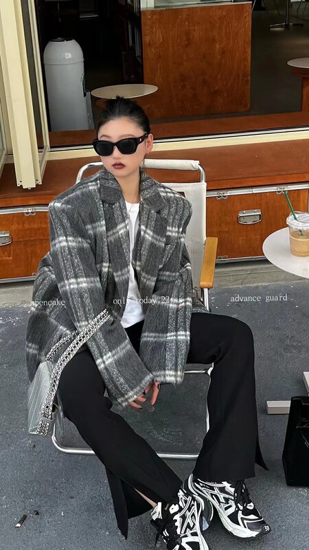 【OPEN】Fashionable Double Breasted Plaid Suit 9089# OZQ