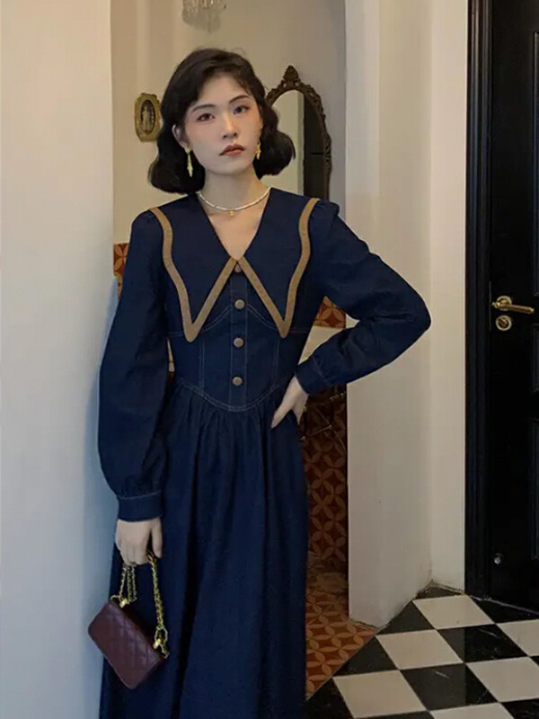 【L.L STUDIO】French retro butterfly neck waist dress 78454# PCZ