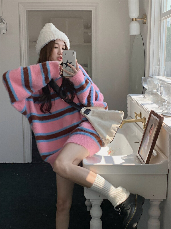 【L.L STUDIO】Contrast color striped soft waxy mid-length knitted sweater 78387# PCZ