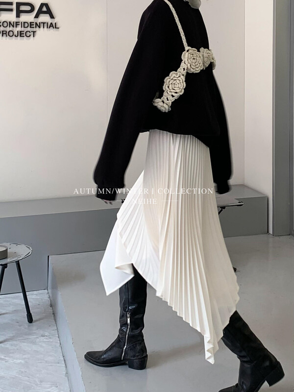 【NEIHE】Nice asymmetrical pleated high waist irregular skirt skirt 6055# JHY