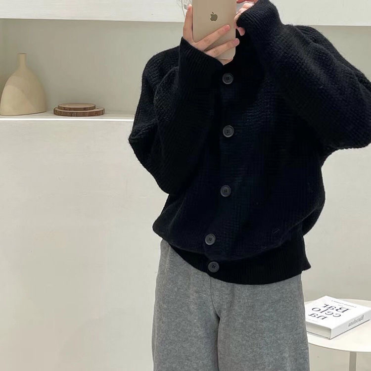 [Y.JIA Yijia] Korean version of simple high-neck single-breasted corn grid knitted all-match sweater 837-1