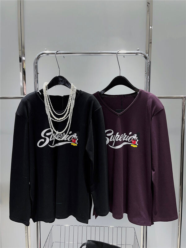 【NINA LIFE】V Neck Mickey Print Loose Long Sleeve T-Shirt 678# ZXL