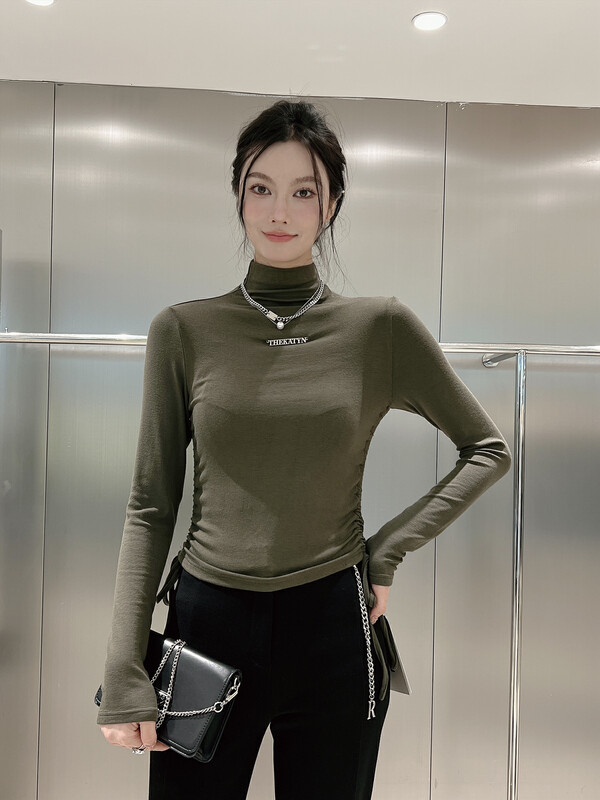 Autumn is new! [DS] Korean version of the solid color elastic slim drawstring thin half turtleneck long-sleeved T-shirt 28648D# JHY