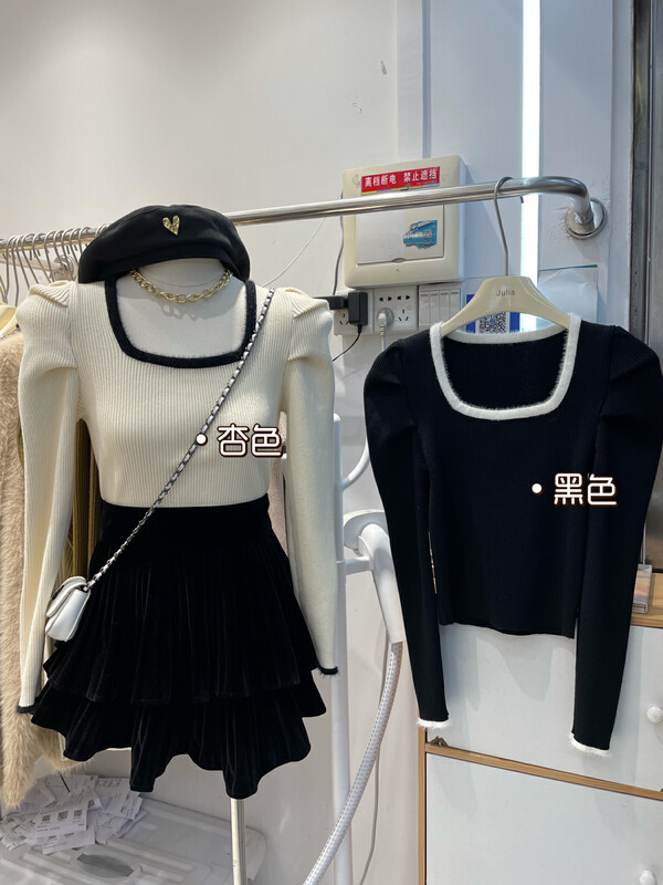 【JULIA】Puff sleeves elegant square neck sweater 2105# PCZ