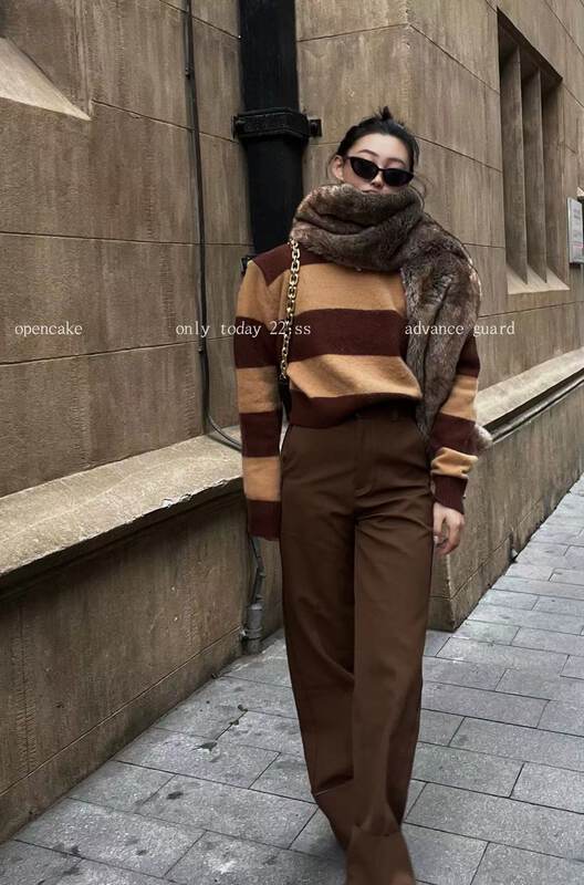 【OPEN】Korean style round neck contrast stripe short warm sweater 9236# OZQ