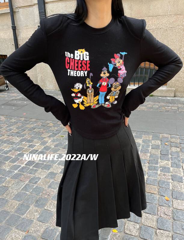 [NINA LIFE] Round neck letter print shoulder pad long-sleeved T-shirt YS1-6509# ZXL