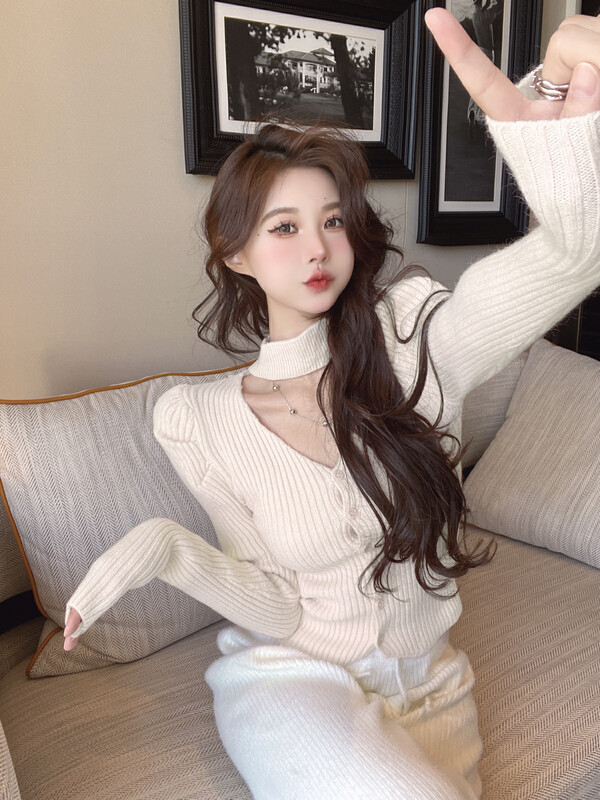 【L.L STUDIO】Puff sleeve halter knitted sweater 78377# PCZ