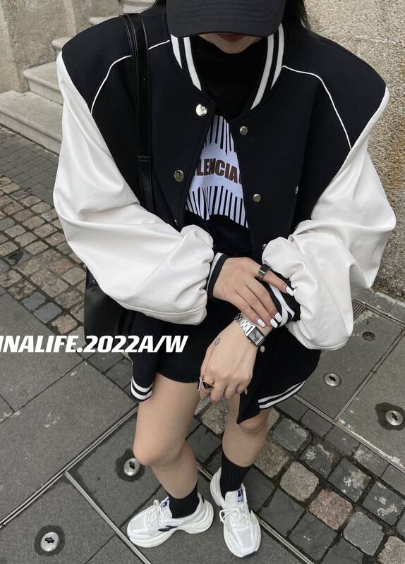 New in winter! [NINA LIFE] quilted baseball uniform collar color-block sleeve short jacket 6378# ZXL