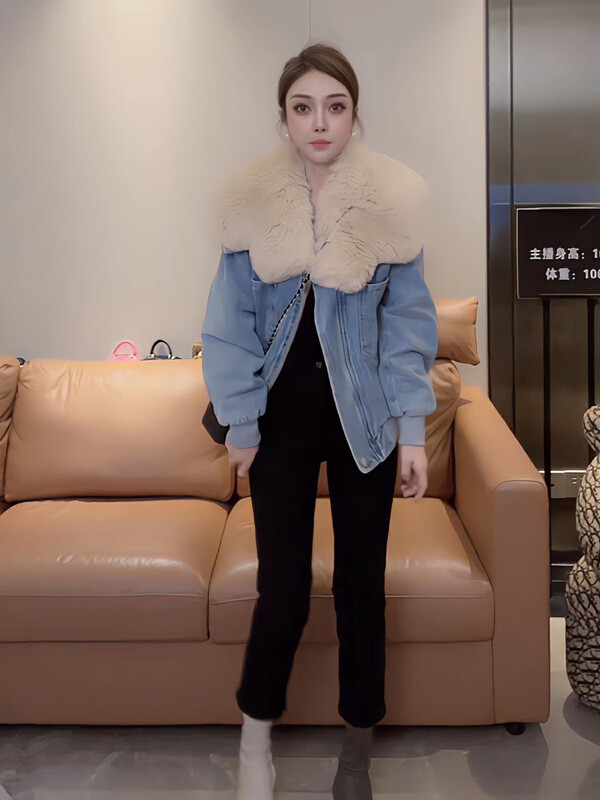【L.L STUDIO】Textured fleece thickened denim short jacket (with detachable fox fur collar) 78391# PCZ