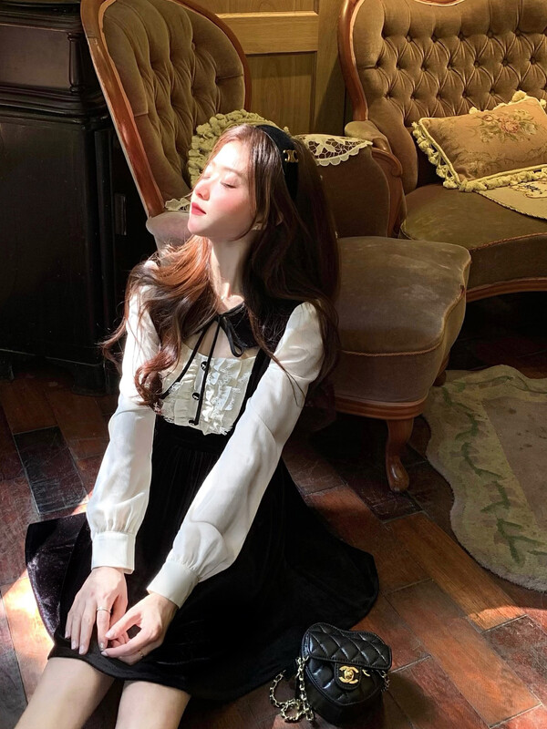 【L.L STUDIO】Doll Collar Velvet Patchwork Dress 78378# PCZ