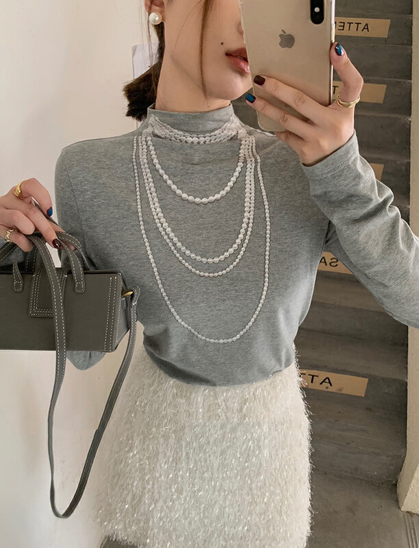 [Y.JIA Ijia] French retro all-match simple pearl print long-sleeved T-shirt 6238