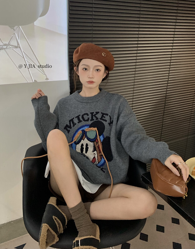 【Y.JIA】Casual all-match Mickey round neck lazy sweater YS2-856