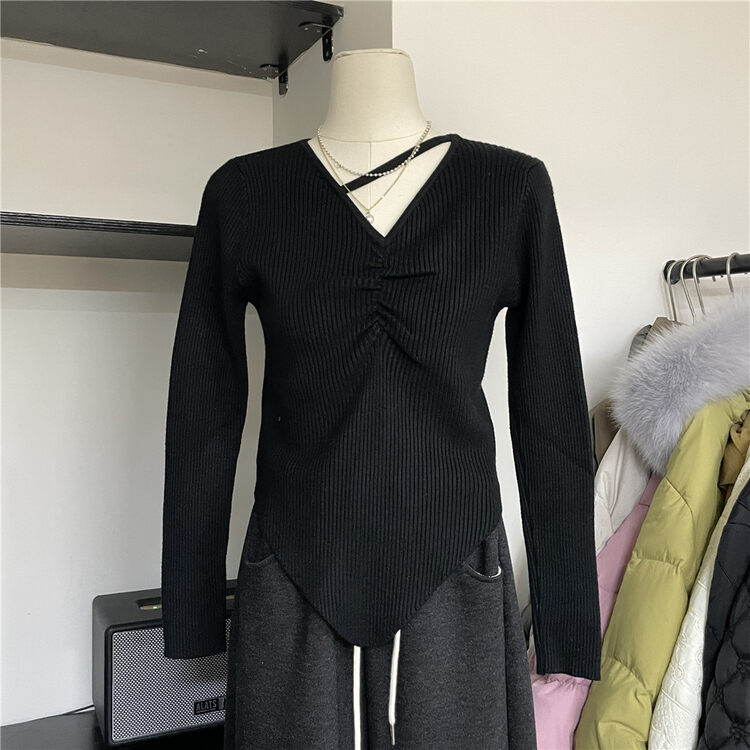 【SUSAN】Pleated V-Neck Irregular Hem Knit Sweater 82322# LSW