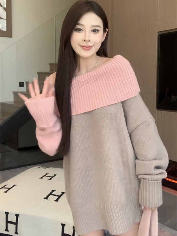 【L.L STUDIO】Lazy style contrast color off-the-shoulder knitted warm sweater 78470# PCZ