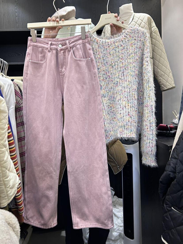 【SUSAN】High-waisted straight-leg fleece jeans 82363# LSW