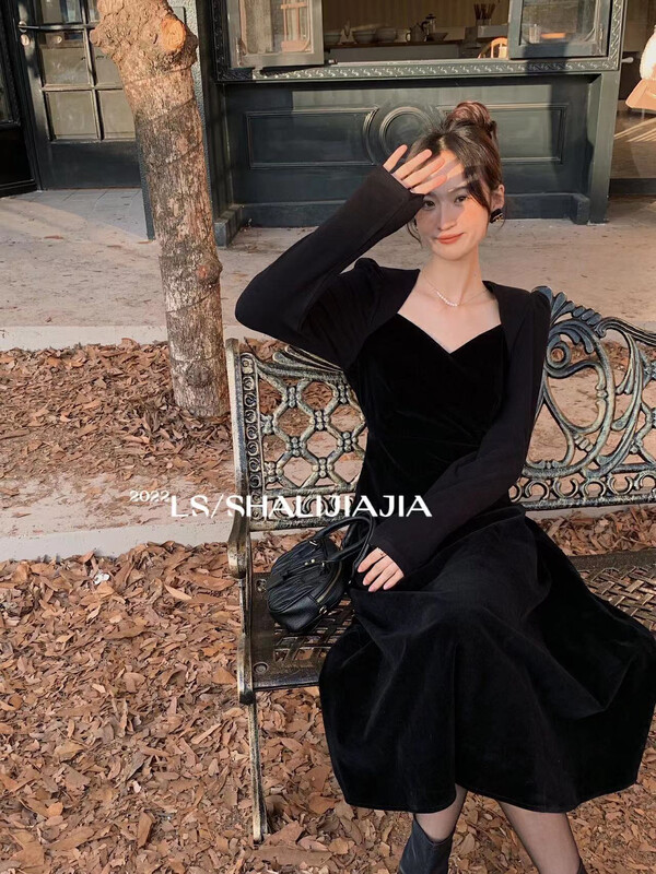 【LS】French lady style stitching velvet dress 51088