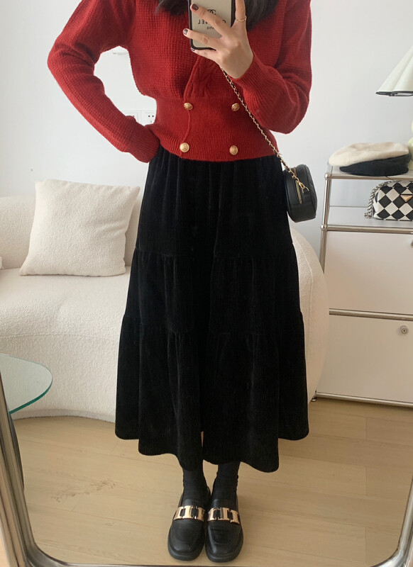 [VICTORY.2] Textured corduroy solid color elastic waist skirt v69# WPL