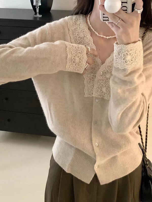 【LOVELY/SHMILY】Korean Gentle Lace Patchwork Knit Warm Sweater M0959# FHX