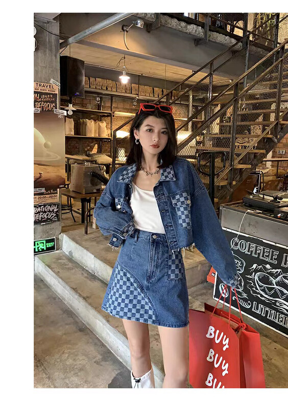 [Fan Fan] High-quality checkerboard design long-sleeved jacket + denim high-waisted skirt suit 0976# CL