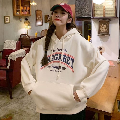 Fleece thick coat hooded sweater women's autumn and winter letter print loose pullover top
