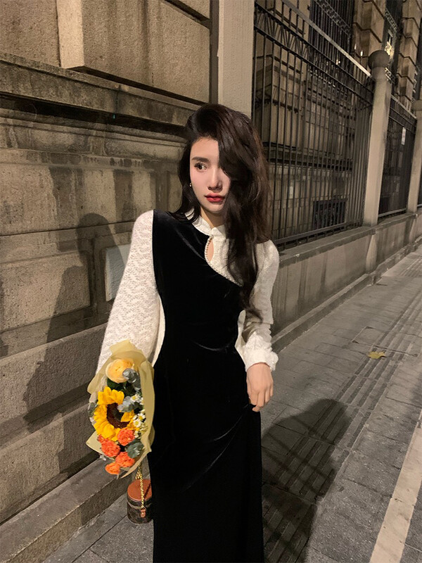 【L.L STUDIO】French retro lace stitching velvet waist dress 78432# PCZ