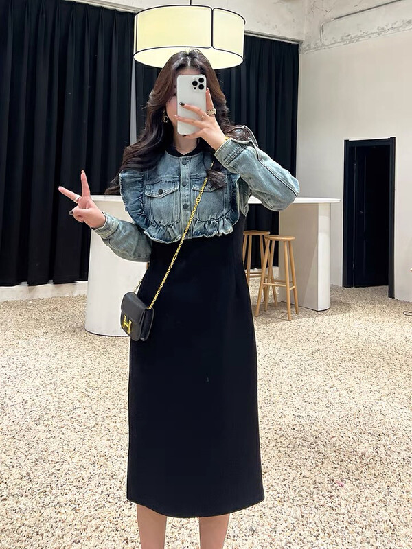 【L.L STUDIO】Denim stitching stand collar dress 78159# PCZ