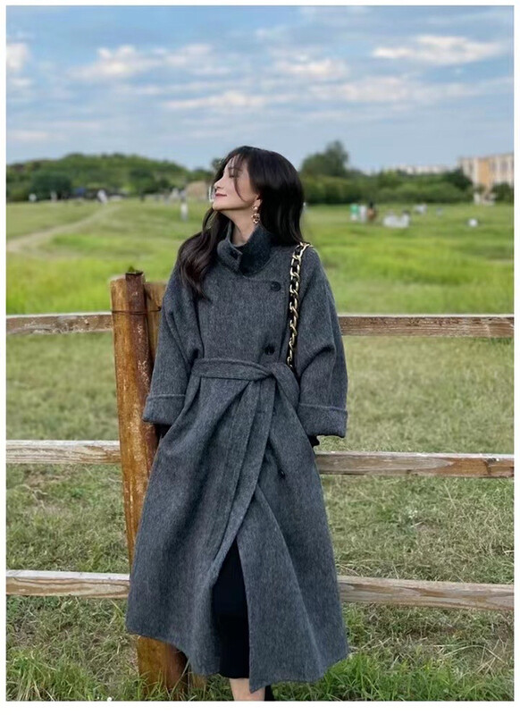 [Y.JIA Ijia] Korean style design stand-up collar wool coat (with belt) 55081
