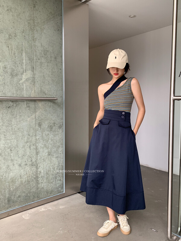 【NEIHE】French waist A-line midi skirt 22332# JHY