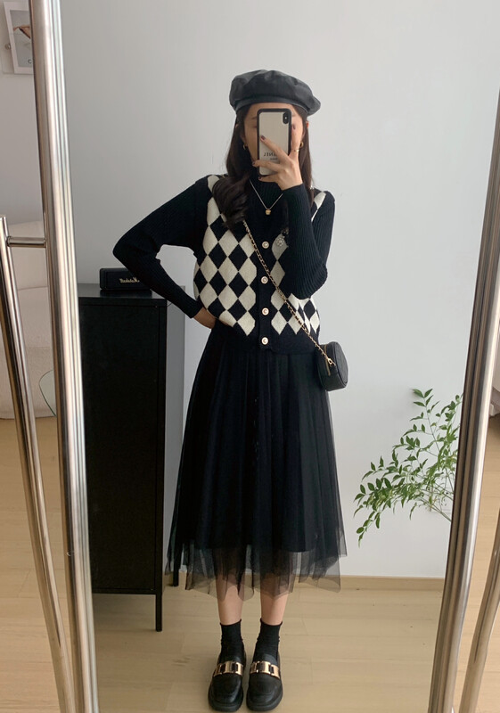 【VICTORY.2】Korean style diamond breasted vest + solid color stitching mesh dress two-piece suit 137# WPL