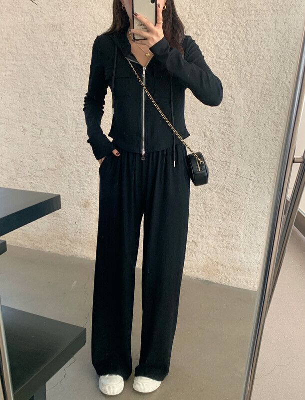 【VICTORY.2】 Two-pocket hooded zipper top + Korean wide-leg pants suit V2015# WPL