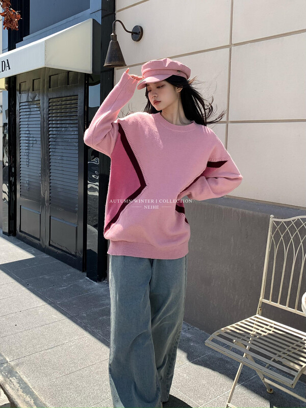 【NEIHE】Korean style pullover round neck contrast color knitted sweater sweater 88185# JHY