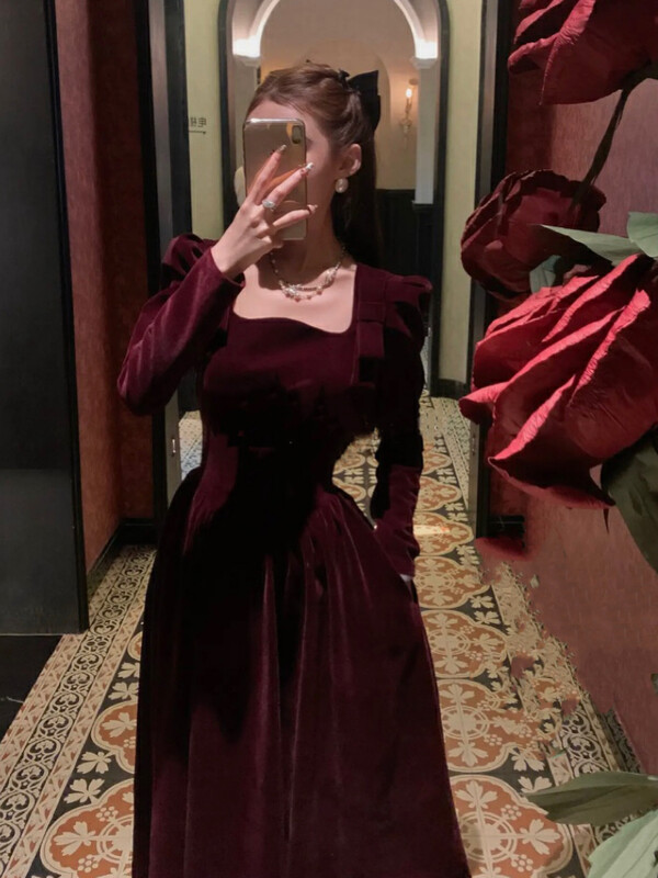 【L.L STUDIO】French square neck velvet retro waist dress 78429# PCZ
