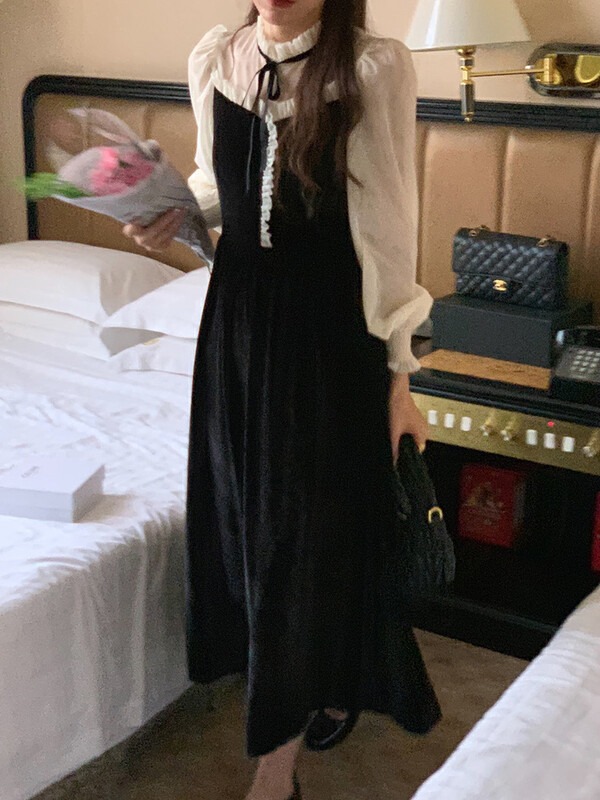 【L.L STUDIO】Vintage velvet design fake two-piece stitching dress 78345# PCZ