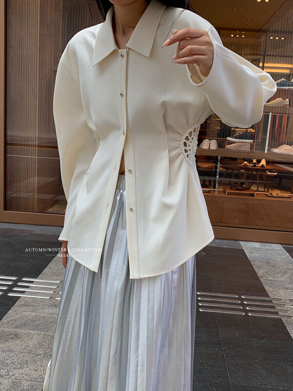 【NEIHE】Wrinkle Waisted Hollow Hollow Shirt Shirt 6127