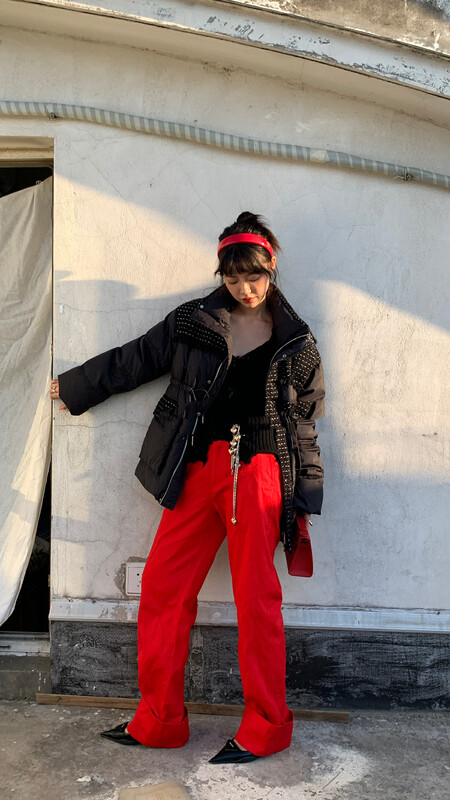 [DS] Retro double pocket drawstring waist all-match high-neck stitched woolen warm cotton jacket (with waist rope) (including 90% white duck down) 99358# JHY