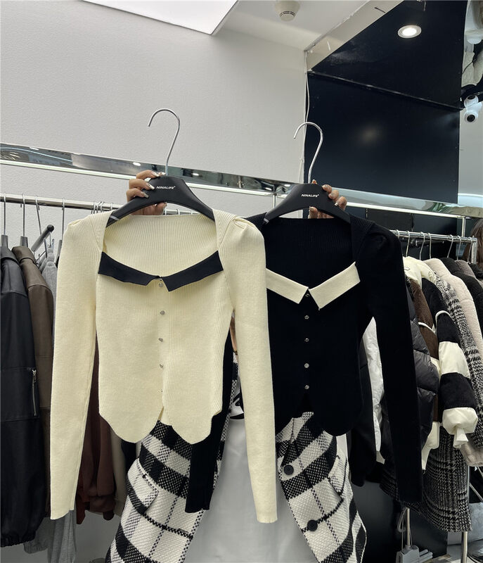 【NINA LIFE】Fashion and simple slim slim single-breasted knitted sweater K5073# GY