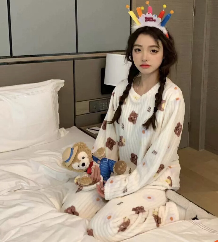 [Blue Show] Cute bear coral fleece pajamas + trousers two-piece pajamas set 8001# LSW