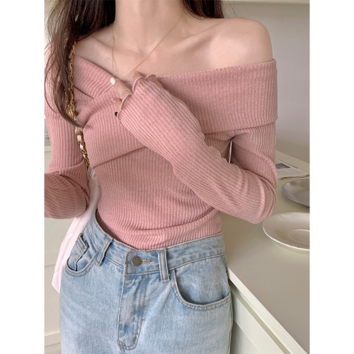 autumn new Korean version of sexy temperament cross-word neck off-shoulder long-sleeved knitted sweater bottoming top women