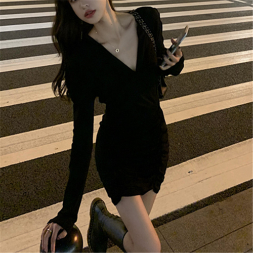 Cross V-neck waist high-quality little black dress bottoming nightclub tight-fitting hip sexy dress 2022 new