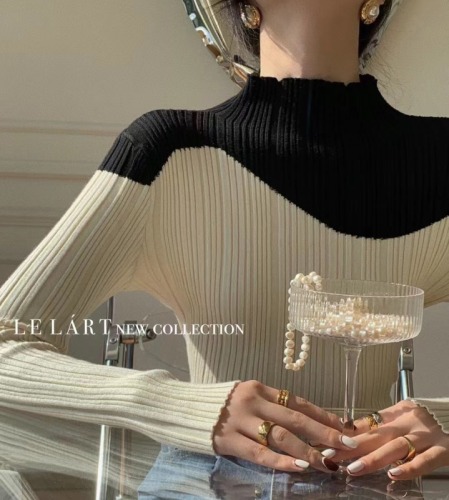  winter new Korean version design sense color matching high-neck slim fit sweater women's long-sleeved top knitted bottoming shirt