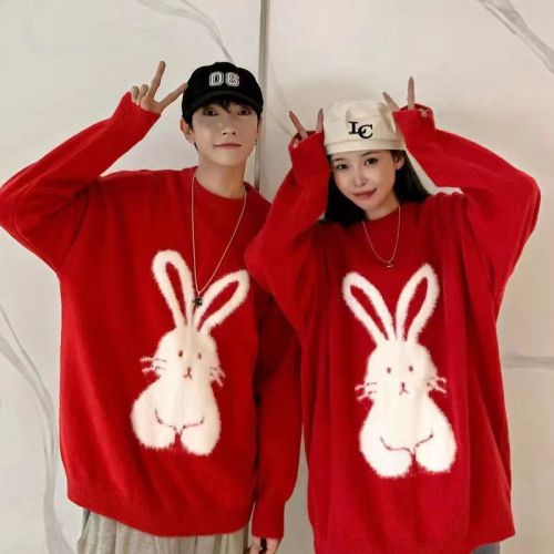 Couples wear autumn and winter new round neck pullover sweater red New Year rabbit loose lazy wind knitted sweater top tide