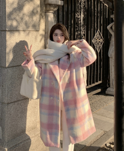 Real shot plaid woolen coat women's autumn and winter high-quality small fragrance quilted mid-length woolen coat