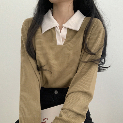 Retro POLO collar top autumn and winter new bottoming shirt all-match