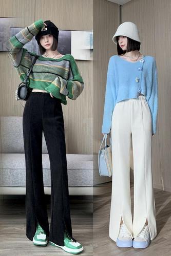 2022 autumn/winter Korean black large size slit suit pants women's plus velvet high waist slim straight tube drape floor mopping pants