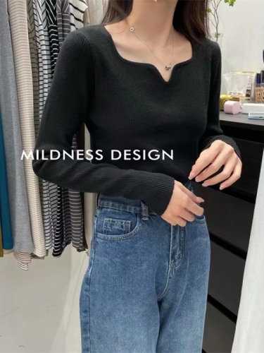 Autumn and winter Korean style slim French square collar with temperament knitted bottoming sweater