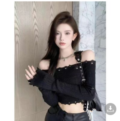2022 autumn new hot girl solid color sexy thin sweater one-shoulder ripped knitted short top women