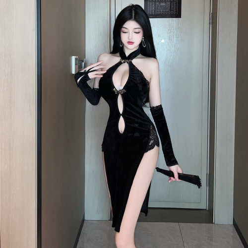Real shooting lace edge retro hot girl seduced cheongsam Chinese style giving finger sleeve split dresses female