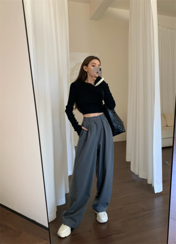 Real shot real price Retro thin knitted top + high waist straight wide leg trousers